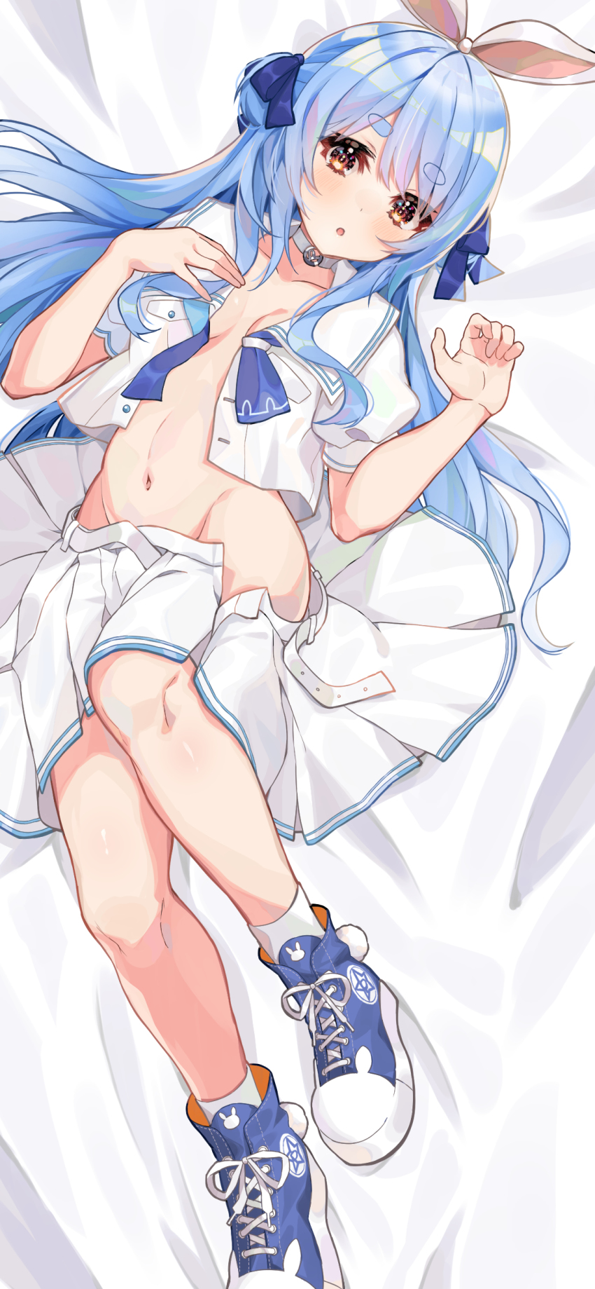 1girl, absurdres, animal_ears, blue_eyes, blue_hair, blue_shoes, blush, breasts