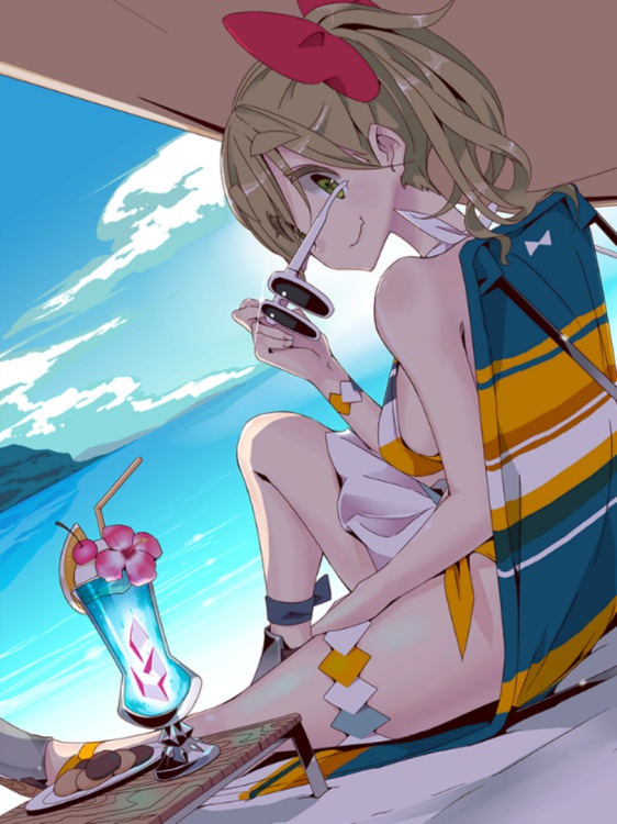 1girl, afro_(kngotezo), afro_(kngotezo)_(style), beach, blonde_hair, bow, closed_mouth, cloud, cookie, flat_color, food, green_eyes, hair_bow, inuyama_aoi, looking_at_viewer, outdoors, plate, sitting, sky, sunglasses, tropical_drink, water, yurucamp