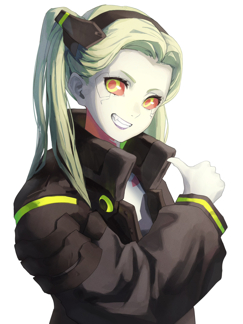 1girl, absurdres, ao_desu2222, artificial_eye, black_hairband, black_jacket, colored_sclera, colored_skin