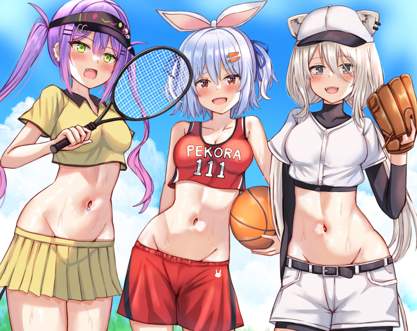 3girls, animal_ear_fluff, animal_ears, ball, baseball_cap, basketball, basketball_(object), blue_hair