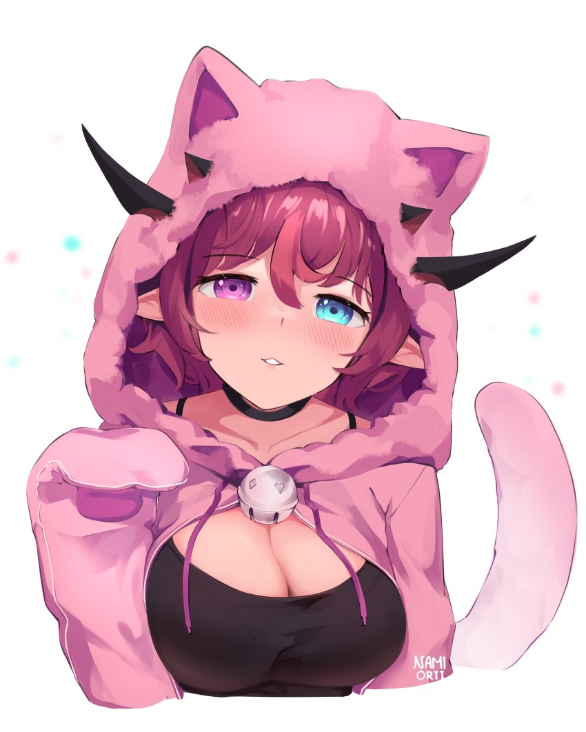 1girl, absurdres, alternate_costume, animal_hood, artist_name, bell, blue_eyes, blush, breasts, cleavage, drawstring, hair_between_eyes, heterochromia, highres, hololive, hololive_english, hood, hoodie, horns, irys_(hololive), jingle_bell, looking_at_viewer, medium_breasts, multicolored_hair, namiorii, paw_sleeves, pink_hoodie, pointy_ears, purple_eyes, purple_hair, simple_background, solo, streaked_hair, tail, upper_body, virtual_youtuber, white_background
