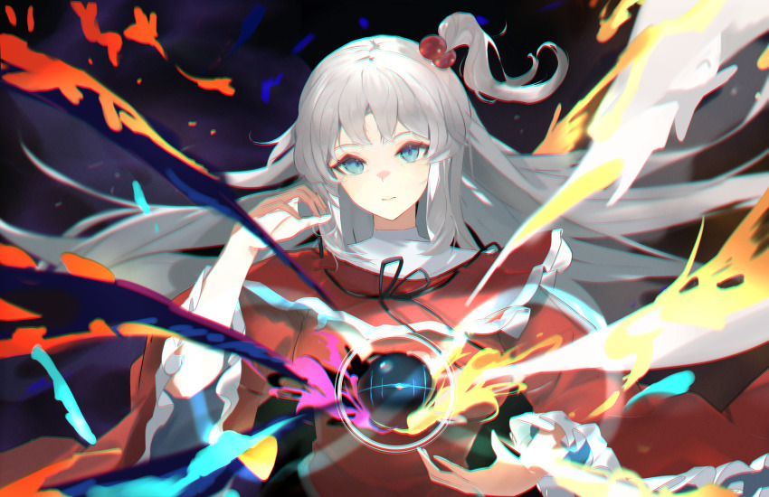 1girl, absurdres, blue_eyes, capelet, closed_mouth, commission, grey_hair, hair_bobbles