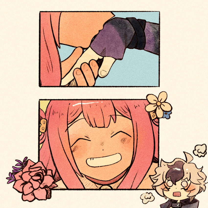 2girls, 2koma, ^_^, ahoge, black_hair, blush, closed_eyes, cocorobo, comic, edlinklover, embarrassed, flower, flower_(vocaloid), flower_(vocaloid4), gloves, grin, hair_rings, highres, holding_hands, kiss, kissing_hand, long_hair, multicolored_hair, multiple_girls, pink_hair, short_hair, smile, rectangular_mouth, striped_clothes, striped_gloves, tan, two-tone_hair, vocaloid, white_hair, yuri