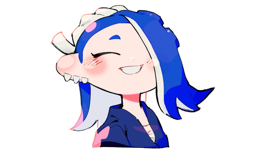 1girl, ^_^, blue_hair, blush, chest_sarashi, closed_eyes, earrings, eyeliner, grin, hachimaki, hair_over_one_eye, headband, highres, inari1369, jewelry, long_hair, makeup, multiple_earrings, nejiri_hachimaki, nintendo, octoling, red_eyeliner, sarashi, shiver_(deep_cut_outfit)_(splatoon), shiver_(splatoon), simple_background, smile, solo, splatoon_(series), splatoon_3, suction_cups, tentacle_hair, upper_body, white_background