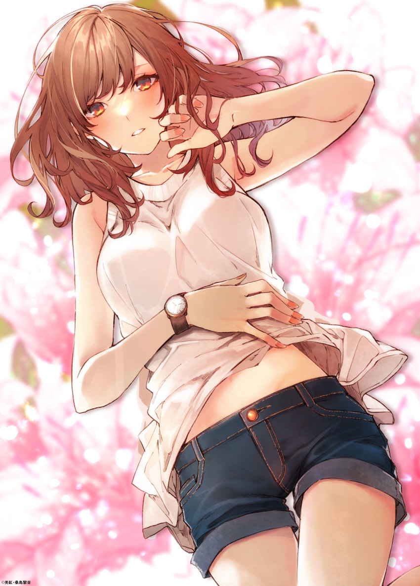 1girl, absurdres, bare_arms, blue_shorts, blush, breasts, brown_eyes, brown_hair, collarbone, denim, denim_shorts, highres, isekai_de_cheat_nouryoku_o_te_ni_shita_ore_wa_genjitsu_sekai_o_mo_musou_suru, kuwashima_rein, long_hair, looking_at_viewer, lying, medium_breasts, midou_miu, midriff, nail_polish, on_back, orange_nails, parted_lips, shirt, short_shorts, shorts, sleeveless, sleeveless_shirt, solo, stomach, straight_hair, thigh_gap, watch, white_shirt, wristwatch