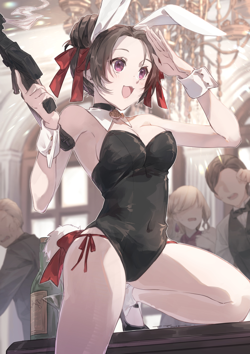 2boys, 2girls, :d, absurdres, animal_ears, bare_legs, black_footwear, black_leotard