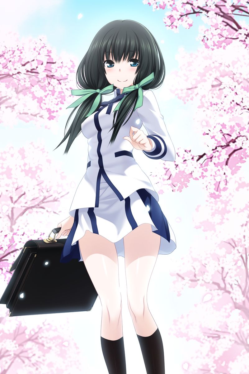 1girl, bag, black_hair, black_socks, blue_eyes, blue_ribbon, blue_skirt, closed_mouth