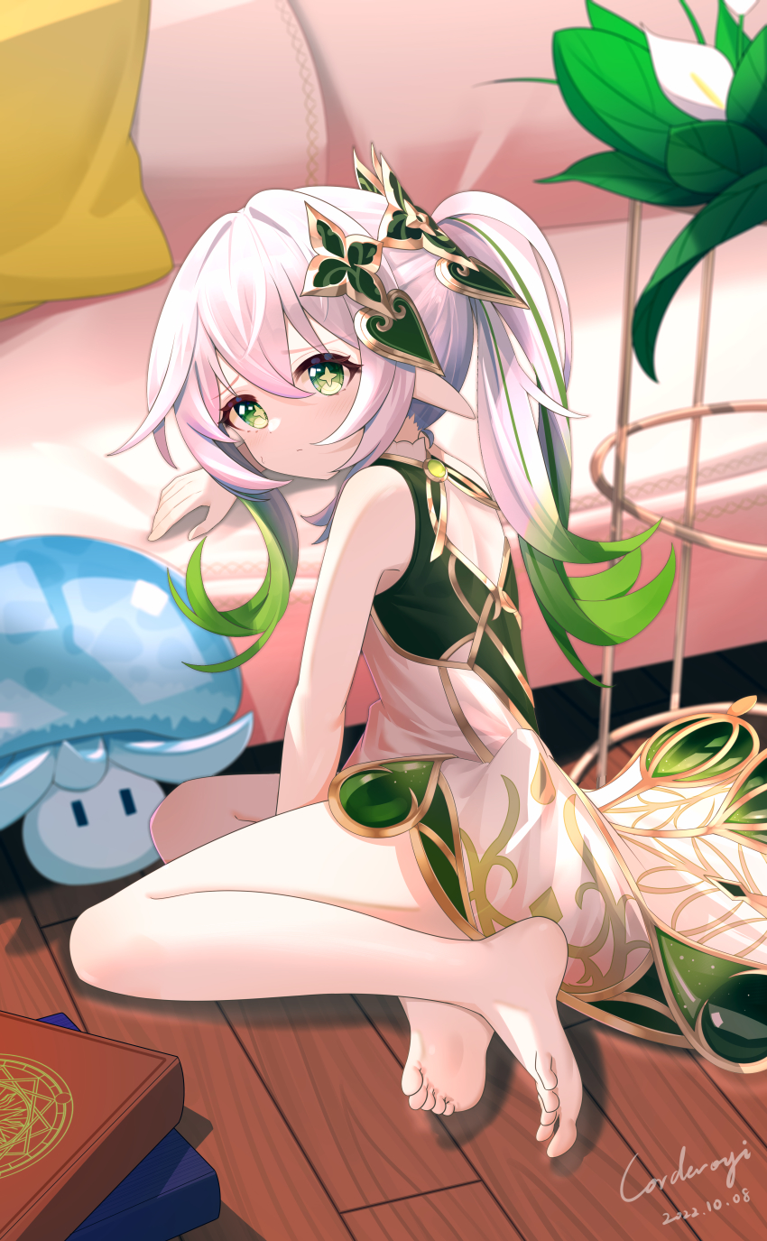 1girl, 1other, absurdres, barefoot, corderoy, couch, dress, feet