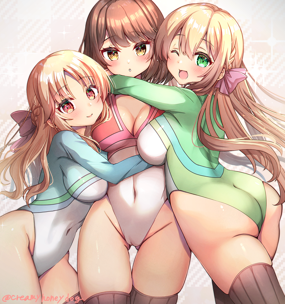 3girls, :o, arms_around_neck, arms_around_another's_waist, ass, black_thighhighs, blonde_hair, blue_leotard