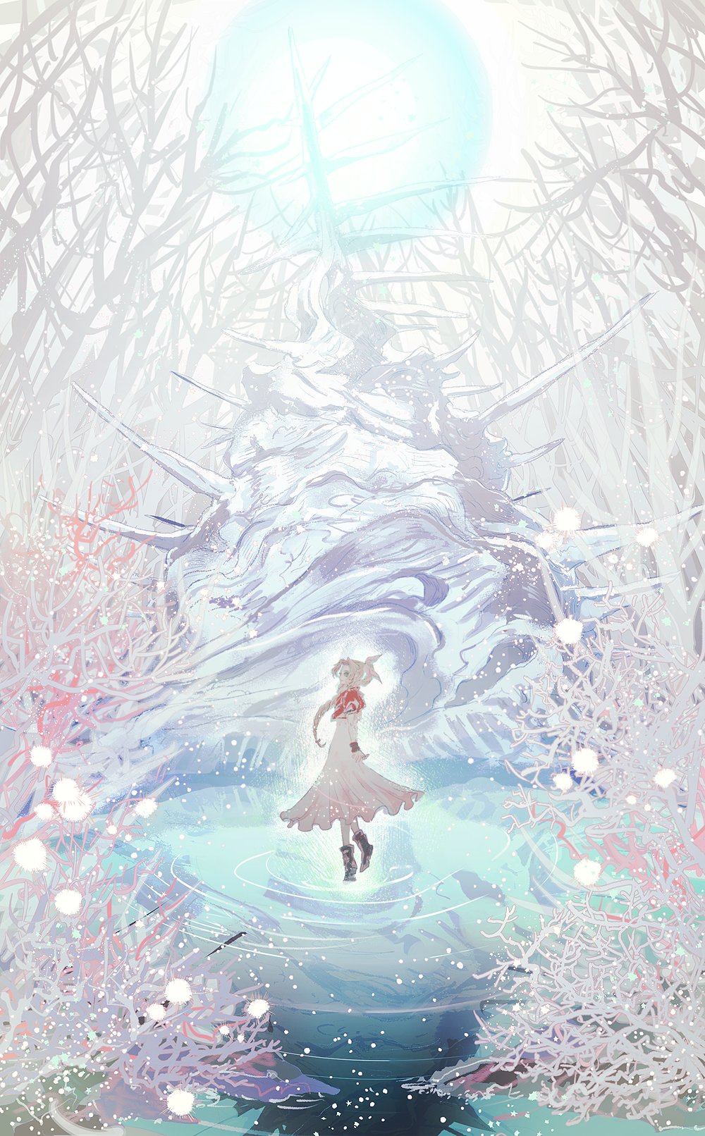 1girl, aerith_gainsborough, boots, braid, braided_ponytail, brown_hair, cropped_jacket, dress, final_fantasy, final_fantasy_vii, forgotten_city, highres, jacket, long_dress, oju_(ouka), pink_dress, ponytail, red_jacket, square_enix, water, wrist_cuffs