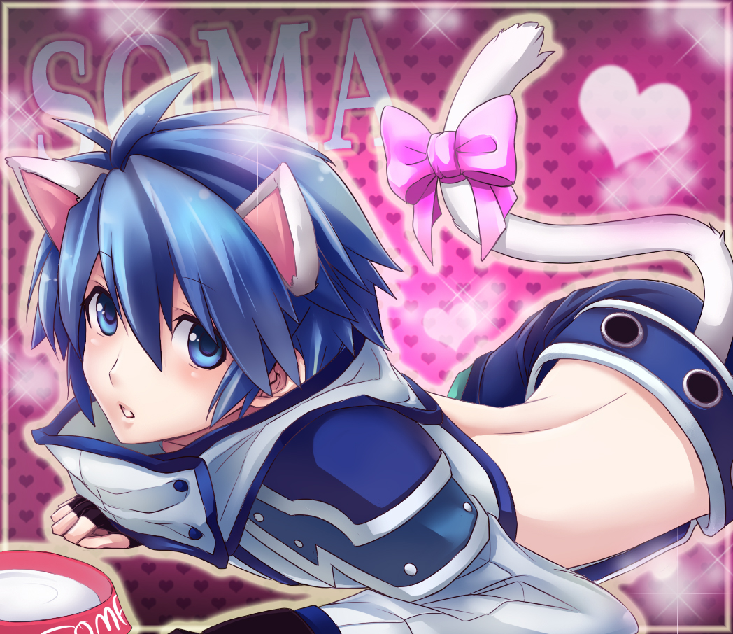 1boy, animal_ears, blue_eyes, blue_hair, bow, bowl, cat_boy, cat_ears, cat_tail, fingerless_gloves, gloves, imoko65, male_focus, matching_hair/eyes, milk, oyomotin, solo, soma_(tartaros), tail, tartaros_online
