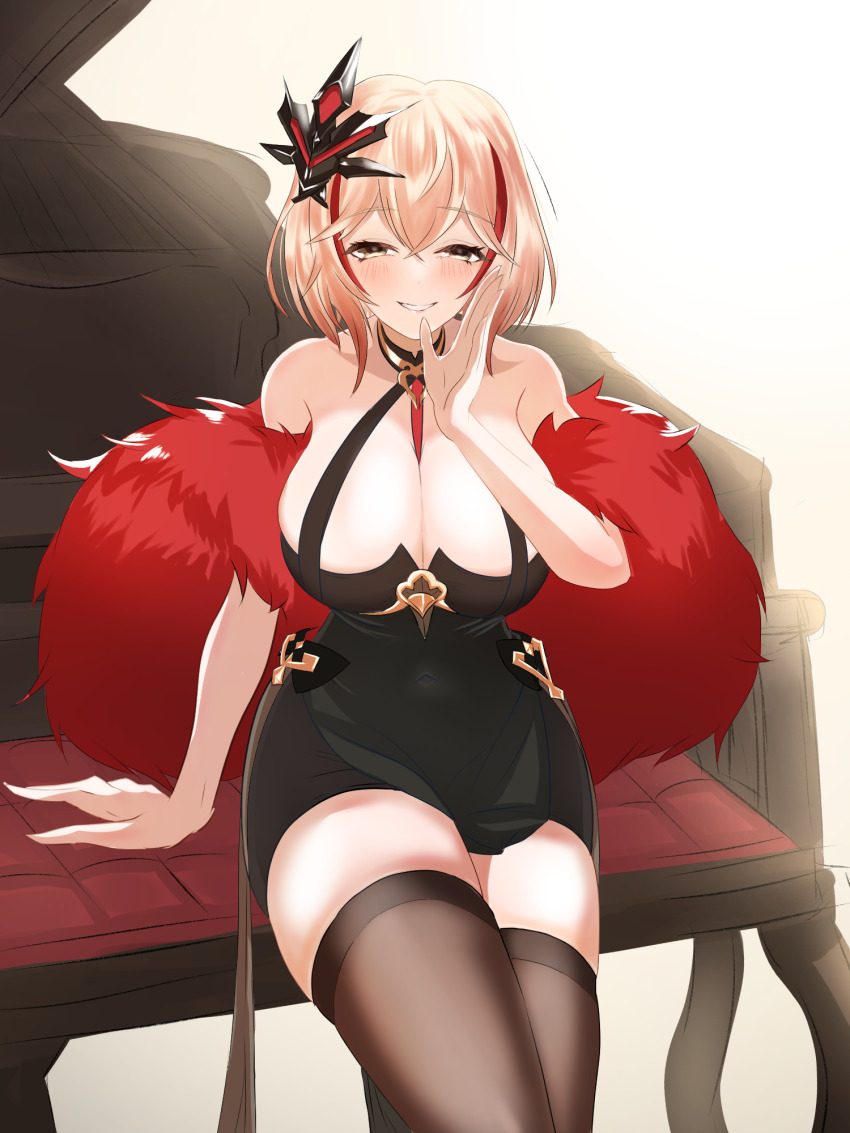 1girl, azur_lane, black_dress, breasts, brown_thighhighs, dress, feather_boa, hair_ornament, halter_dress, halterneck, highres, kazam_fm, large_breasts, light_brown_hair, looking_at_viewer, multicolored_hair, red_hair, roon_(azur_lane), roon_(viridescent_lullaby)_(azur_lane), short_dress, smile, solo, streaked_hair, thighhighs, tight_clothes, tight_dress, two-tone_hair