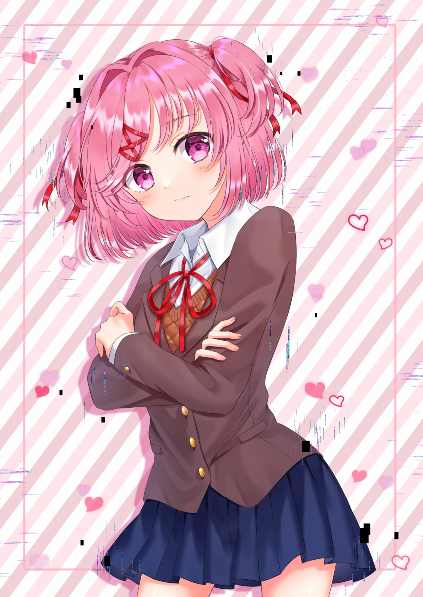 1girl, blazer, blush, cardigan, collared_shirt, crossed_arms, doki_doki_literature_club, fang, frown, glitch, hair_ornament, hair_ribbon, hairclip, heart, highres, jacket, long_sleeves, natsuki_(doki_doki_literature_club), neck_ribbon, pink_hair, pleated_skirt, purple_eyes, ribbon, rooibos, school_uniform, shirt, short_hair, skin_fang, skirt, solo, striped_background, two_side_up, wavy_mouth