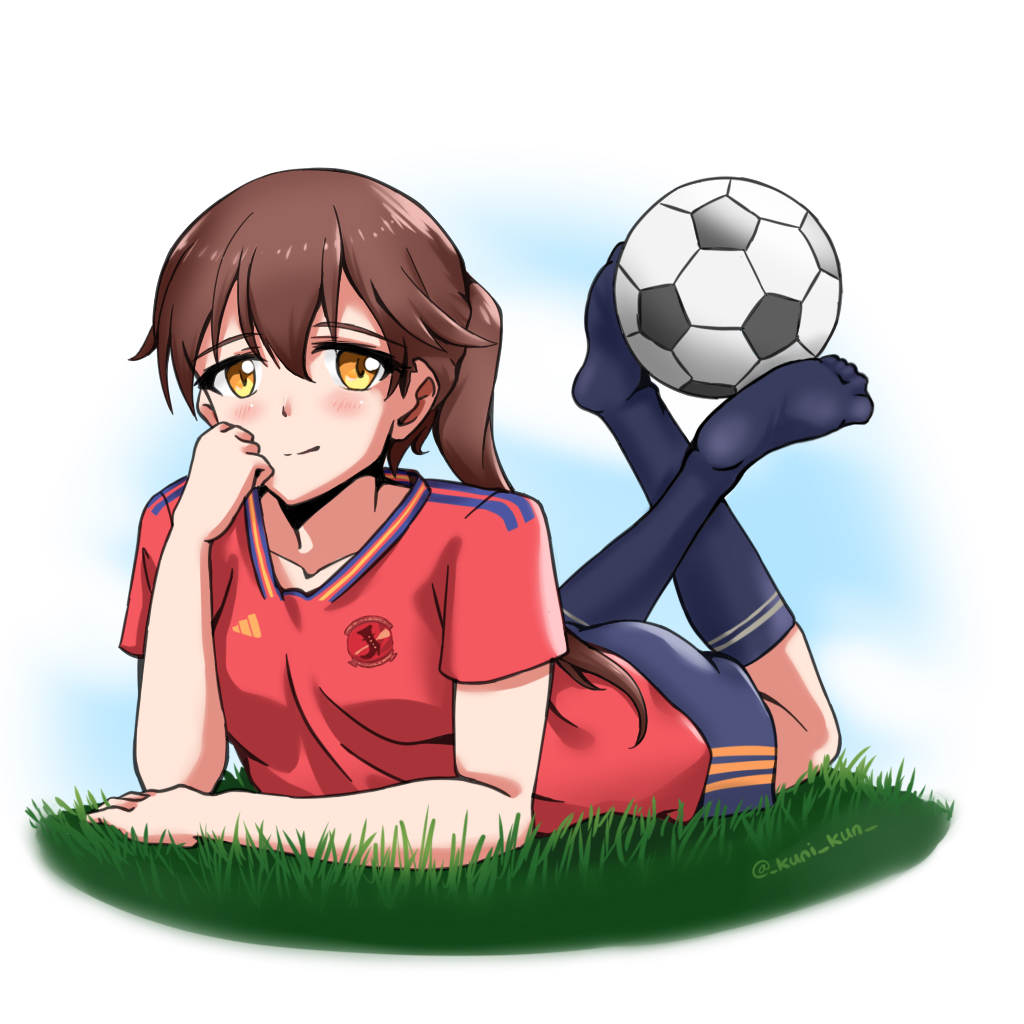 1girl, 2022_fifa_world_cup, angela_salas_larrazabal, ball, blue_shorts, blue_socks, blush, brown_eyes