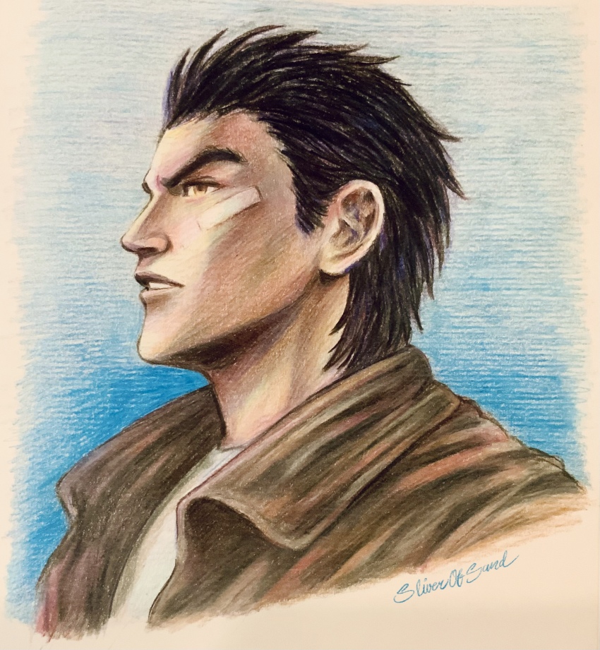 1boy, absurdres, bandage_on_face, bandages, black_hair, blue_background, border, brown_eyes, brown_jacket, collared_jacket, from_side, graphite_(medium), hazuki_ryou, highres, jacket, leather, leather_jacket, parted_lips, profile, shenmue, shenmue_i, shirt, sideburns, signature, sketch, sliverofsand, spiked_hair, t-shirt, thick_eyebrows, traditional_media, white_border, white_shirt