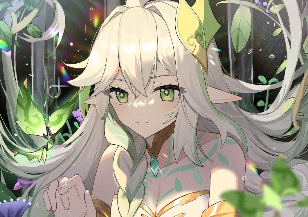 1girl, abby_riddle, blush, braid, breasts, bug, cleavage, crystalfly_(genshin_impact), dress, gem, genshin_impact, gold_choker, gold_trim, green_eyes, green_gem, hair_between_eyes, leaf, long_hair, medium_breasts, multicolored_hair, nahida_(genshin_impact), pointy_ears, rukkhadevata_(genshin_impact), shoulder_tattoo, side_braid, sidelocks, smile, spoilers, strapless, strapless_dress, streaked_hair, tattoo, white_hair