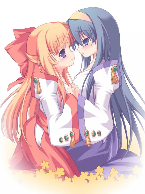 00s, 2girls, eye_contact, flower, hair_ribbon, hairband, half_updo, himemiya_chikane