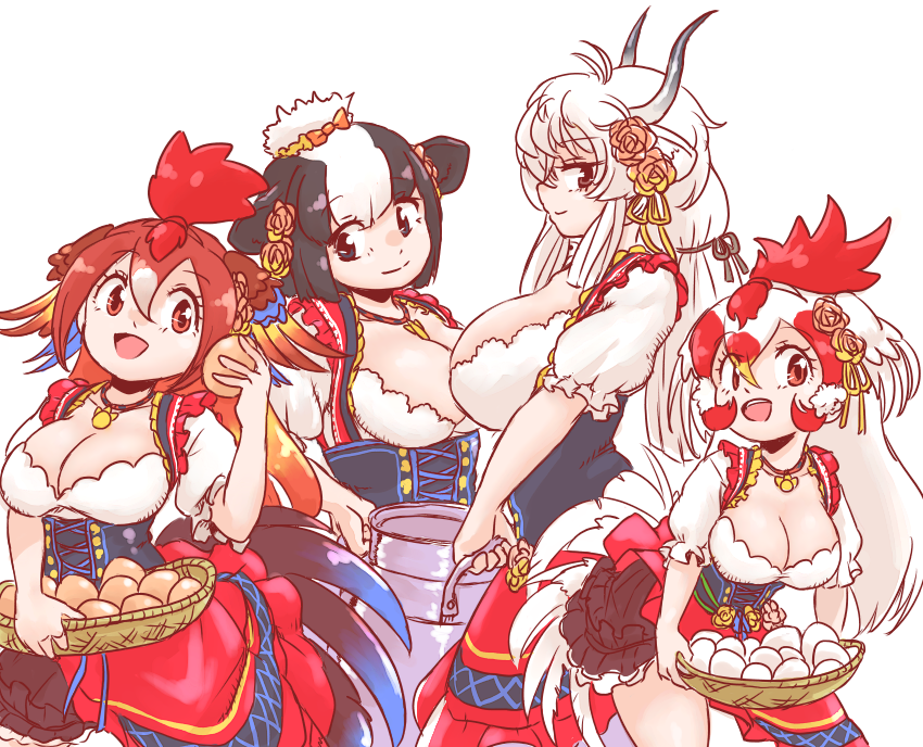 4girls, animal_ears, antenna_hair, bare_arms, basket, bird_girl, bird_tail, bird_wings