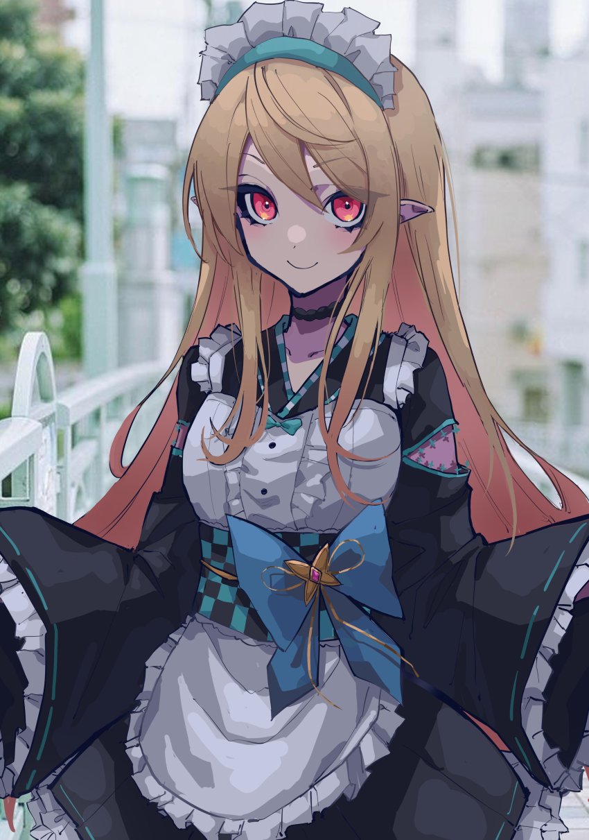 1girl, absurdres, blonde_hair, blue_bow, bow, elf, highres, japanese_clothes, large_bow, long_hair, long_sleeves, maid, maid_headdress, mentally_deficient, nijisanji, nijisanji_en, official_alternate_costume, pointy_ears, pomu_rainpuff, pomu_rainpuff_(2nd_costume), red_eyes, sash, solo, virtual_youtuber, wa_maid