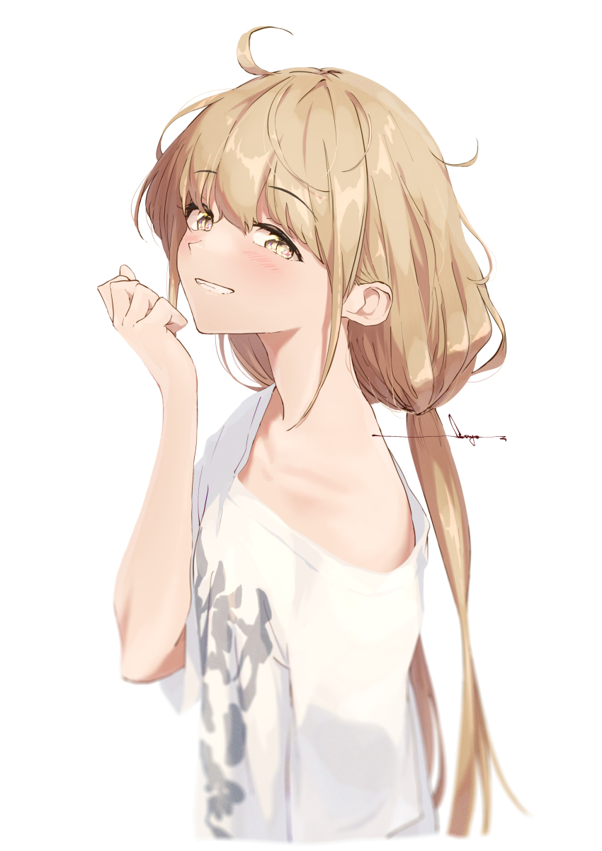 1girl, absurdres, ahoge, blush, collarbone, futaba_anzu, grin, highres, idolmaster, idolmaster_cinderella_girls, idolmaster_cinderella_girls_starlight_stage, light_brown_hair, looking_at_viewer, looking_to_the_side, loose_clothes, loose_shirt, messy_hair, sanpo_(sanpo_1027), shirt, simple_background, smile, solo, twintails, upper_body, white_background, white_shirt
