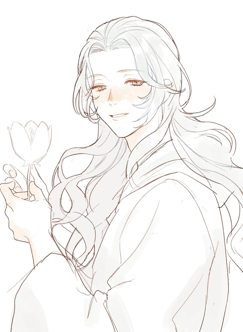 1girl, blue_eyes, blush, commentary_request, final_fantasy, final_fantasy_xiv, flower, from_side, grey_hair, half-closed_eyes, hands_up, highres, holding, holding_flower, korean_commentary, long_hair, long_sleeves, looking_at_viewer, parted_lips, simple_background, sketch, smile, solo, sumssingbo, upper_body, venat_(ff14), wavy_hair, white_background, white_flower, wide_sleeves