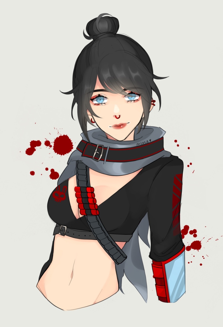 1girl, alternate_costume, ammunition_belt, animification, apex_legends, black_shirt, blue_eyes, borrowed_design