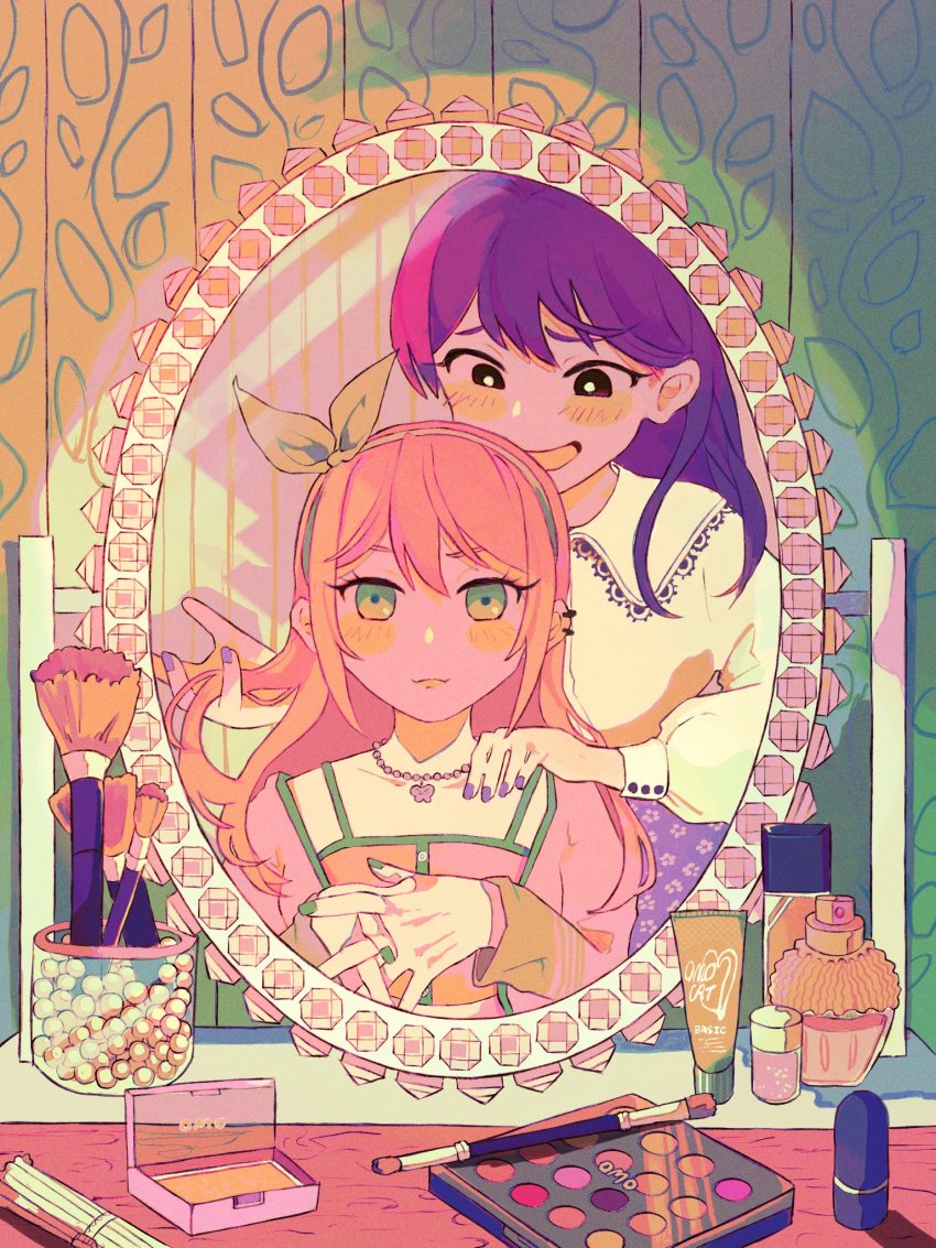 2girls, aubrey_(faraway)_(omori), aubrey_(omori), black_eyes, blush, bright_pupils, closed_mouth, collarbone, green_eyes, green_nails, hairband, highres, jewelry, long_hair, long_sleeves, looking_at_another, looking_at_mirror, makeup, mari_(faraway)_(omori), mari_(omori), milkymilkyshark, mirror, multiple_girls, nail_polish, necklace, omori, open_mouth, purple_hair, purple_nails, smile, white_pupils