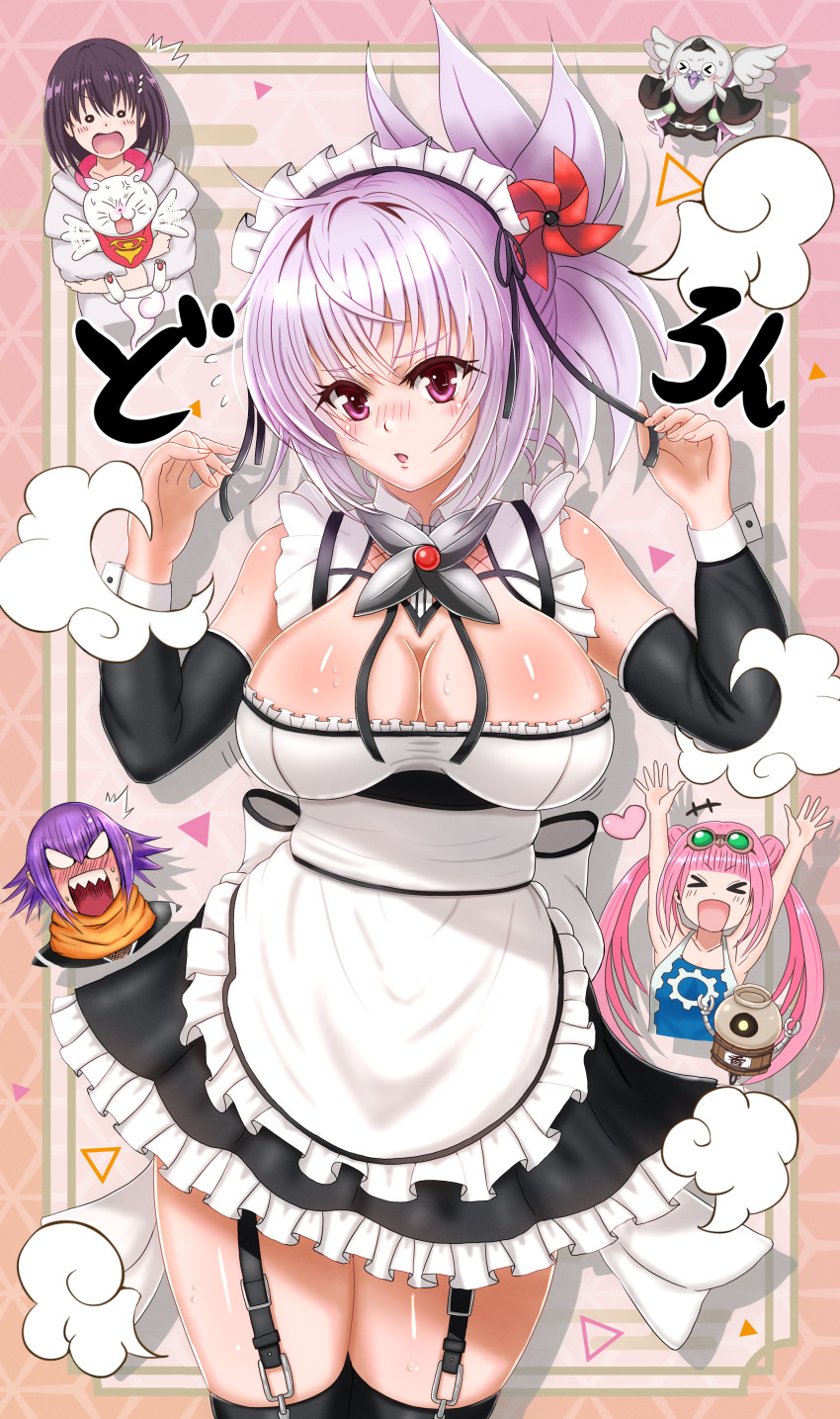 3boys, 3girls, absurdres, apron, ayakashi_triangle, big_kapipara, blush, breasts