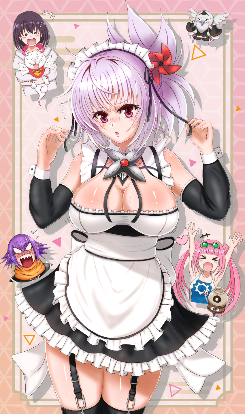 3boys, 3girls, absurdres, apron, ayakashi_triangle, big_kapipara, blush, breasts