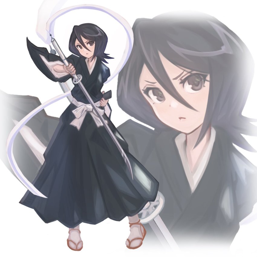 1girl, black_eyes, black_hair, bleach, highres, holding, holding_sword, holding_weapon