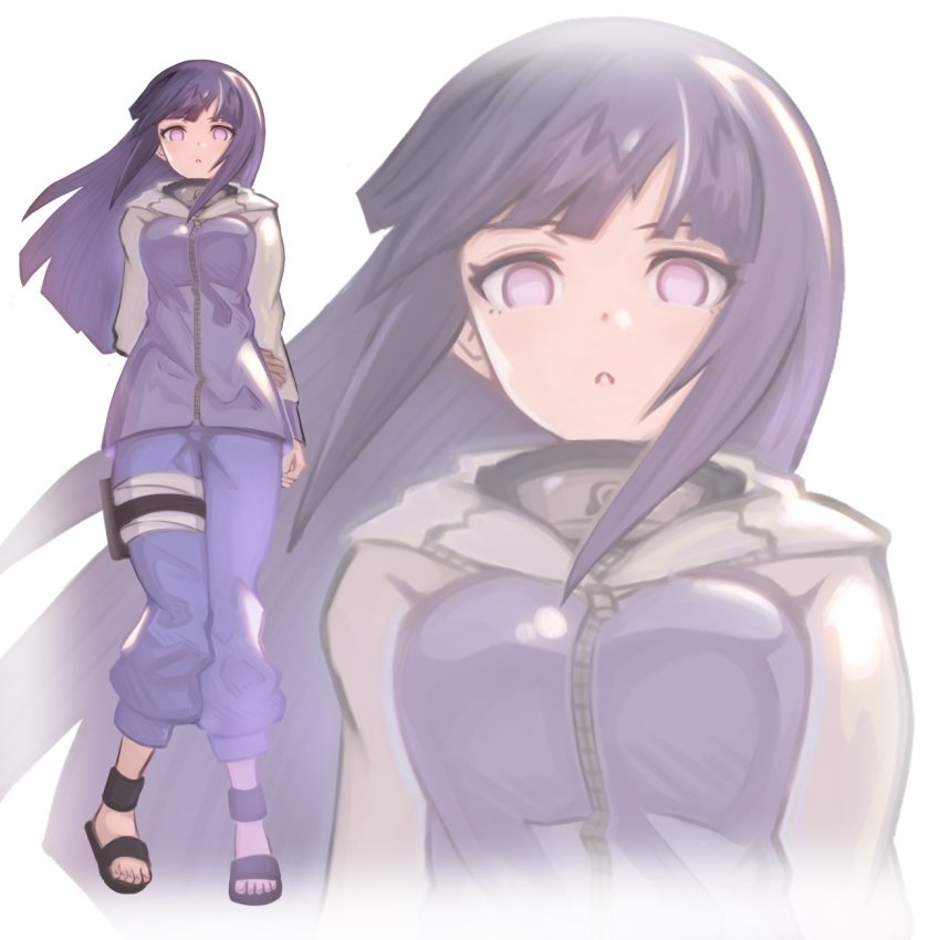 1girl, bandaged_leg, bandages, black_hair, blunt_bangs, byakugan, empty_eyes, forehead_protector, highres, hood, hood_down, hooded_jacket, hyuuga_hinata, jacket, konohagakure_symbol, kore_(kore), long_sleeves, naruto_(series), naruto_shippuuden, open_mouth, pants, purple_eyes, purple_jacket, sandals, solo, thigh_strap, white_background, zipper, zoom_layer