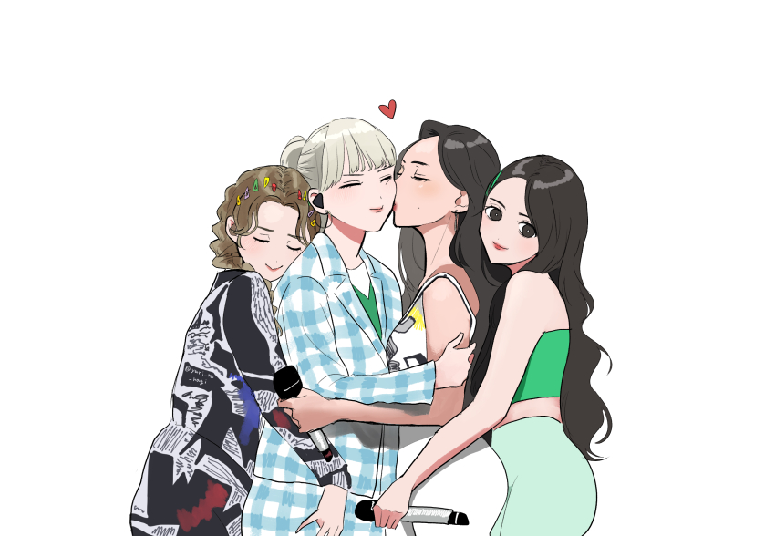 4girls, animification, black_eyes, black_hair, black_jacket, blue_jacket, blue_pants, braid