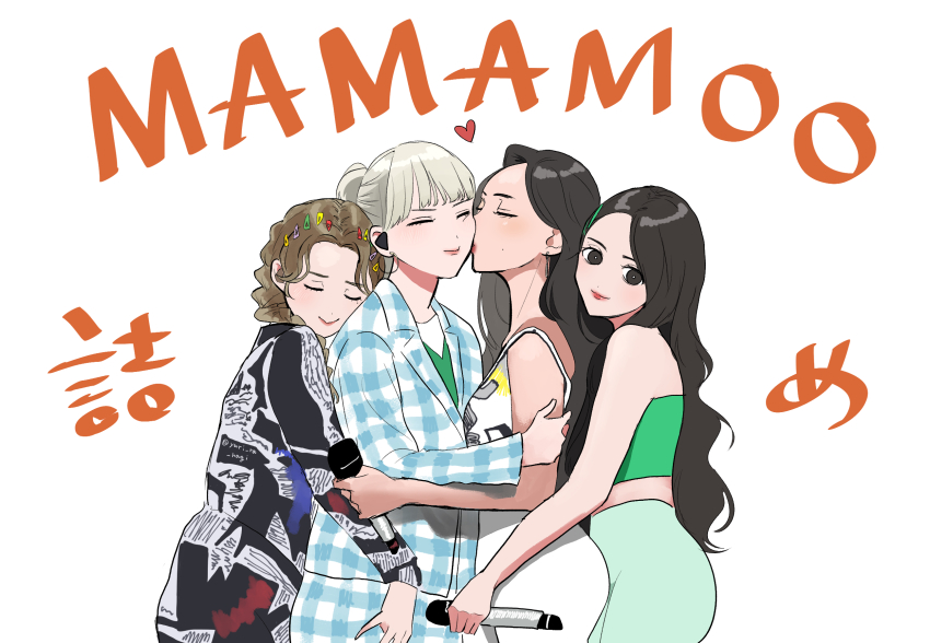 4girls, animification, black_eyes, black_hair, black_jacket, blue_jacket, blue_pants, braid