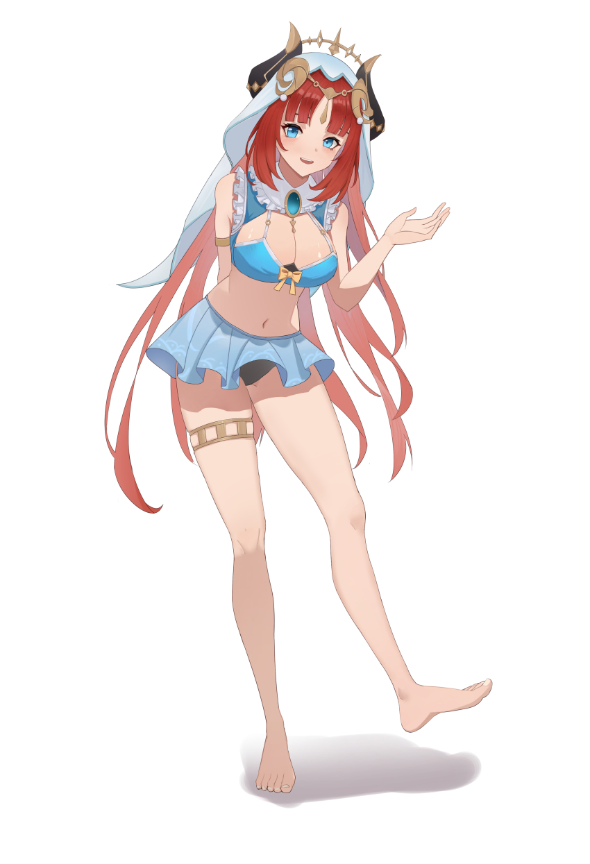 1girl, absurdres, arm_behind_back, armlet, bare_legs, barefoot, bikini, bikini_skirt