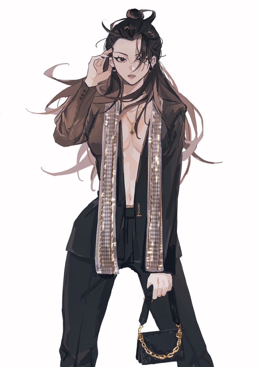 1girl, absurdres, bag, black_bag, black_eyes, black_hair, black_jacket, black_pants, breasts, brown_hair, cleavage, commentary, floating_hair, genderswap, genderswap_(mtf), geto_suguru, gradient_hair, hair_behind_ear, hair_bun, hand_in_own_hair, highres, holding, holding_bag, jacket, jewelry, jujutsu_kaisen, long_hair, looking_at_viewer, medium_breasts, multicolored_hair, navel, no_shirt, pants, parted_lips, ring, siiideee, solo, straight-on, untranslatable_commentary, white_background