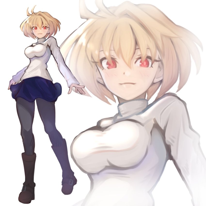 1girl, antenna_hair, arcueid_brunestud, blonde_hair, blue_skirt, boots, breasts, full_body, highres, kore_(kore), large_breasts, long_sleeves, pantyhose, red_eyes, shirt, short_hair, skirt, solo, tsukihime, tsukihime_(remake), vampire, white_shirt, zoom_layer