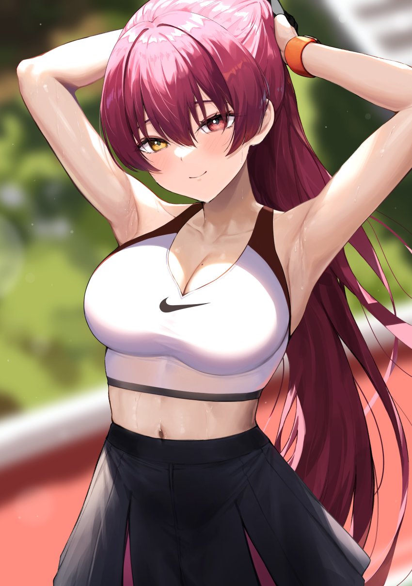 1girl, absurdres, armpits, arms_up, bare_shoulders, black_skirt, blurry, blurry_background