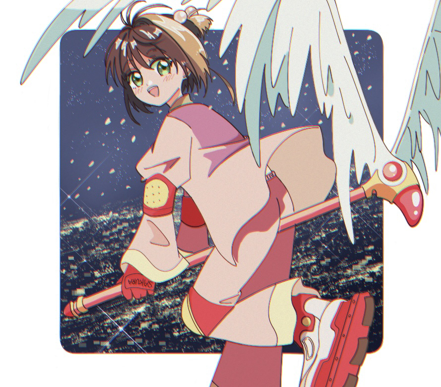 1girl, ass, brown_hair, cardcaptor_sakura, character_name, city, fingerless_gloves, gloves