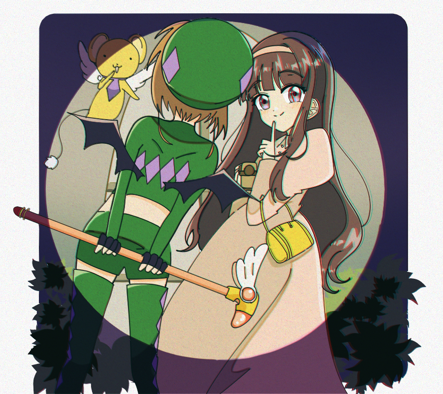 2girls, back, bat_wings, brown_hair, cardcaptor_sakura, daidouji_tomoyo, dress, green_footwear, green_headwear, holding, kero_(cardcaptor_sakura), kinomoto_sakura, kinomoto_sakura_(dark_night), magical_girl, minini_(@mofumofu_alien), multiple_girls, purple_eyes, smile, tail, video_camera, wings