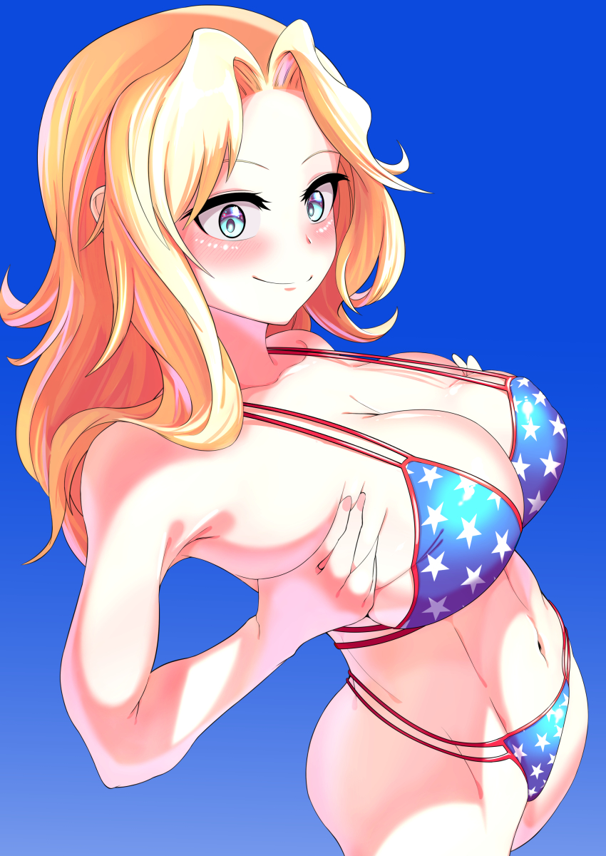 1girl, absurdres, american_flag, american_flag_bikini, american_flag_print, bikini, breasts, cropped_legs, curvy, flag_print, flag_print_bikini, girls_und_panzer, highres, kay_(girls_und_panzer), paizuri, print_bikini, smile, solo, swimsuit, thong, thong_bikini, wide_hips, zonberu_tsukiji