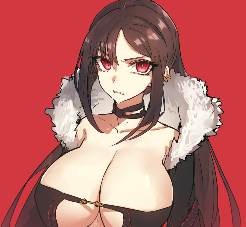 1girl, alternate_breast_size, breasts, brown_hair, cleavage, ear_piercing, fate/grand_order, fate_(series)