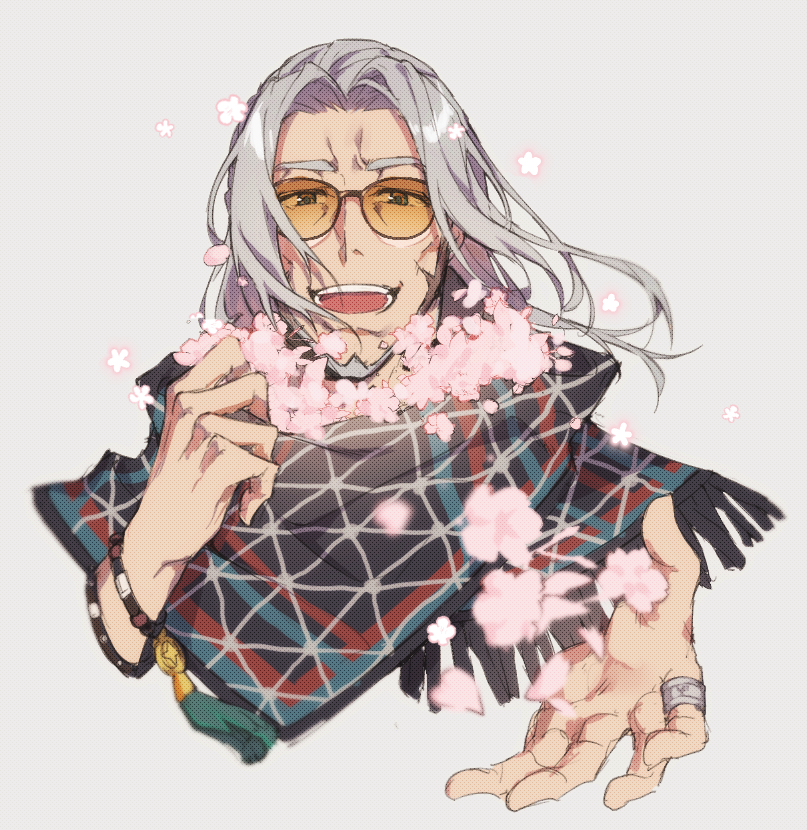 1boy, :d, arurandeisu, beard, beckoning, black_scarf, bracelet, cherry_blossoms