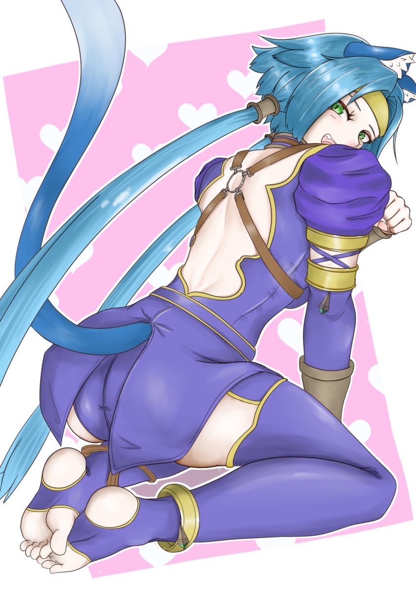 1girl, animal_ears, ass, blue_hair, cat_ears, cat_tail, feet, full_body, green_eyes, highres, kodanuki, long_hair, looking_at_viewer, low_twintails, meracle_chamlotte, open_mouth, panties, smile, solo, star_ocean, star_ocean:_the_last_hope, tail, thighhighs, twintails, underwear