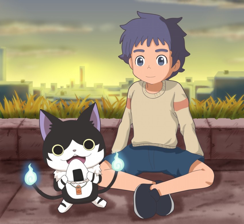 1960s_(style), 2boys, animal_ears, beige_sweater, black_fur, blue_hair, cat, cat_ears, cat_tail, child, dark_blue_hair, excited, food, karasusyoui, multiple_boys, nekomata, nekomata_(youkai_watch), oldschool, on_floor, onigiri, outdoors, retro_artstyle, shimomachi_shin, smile, sweater, tail, talisman, traditional_youkai, youkai_watch, youkai_watch:_eiga_yokai_wotchi_foeba_furenzu