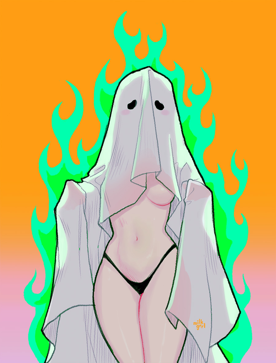 1girl, black_panties, breasts, cowboy_shot, facing_viewer, fire, ghost_costume, green_fire, grey_background, large_breasts, navel, no_bra, orange_background, original, pale_skin, panties, shari_cote, solo, underwear