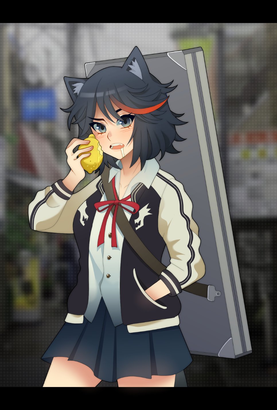 1girl, animal_ears, black_hair, black_jacket, black_skirt, blurry, blurry_background, buttons, cat_ears, cowboy_shot, eating, fang, food, fruit, hand_up, highres, holding, holding_food, jacket, kemonomimi_mode, kiki_witch, kill_la_kill, lemon, long_sleeves, looking_at_viewer, matoi_ryuuko, neck_ribbon, open_clothes, open_jacket, pleated_skirt, red_hair, red_ribbon, ribbon, saliva, shirt, short_hair, skirt, solo, swept_bangs, teeth, upper_teeth_only, white_jacket, white_shirt