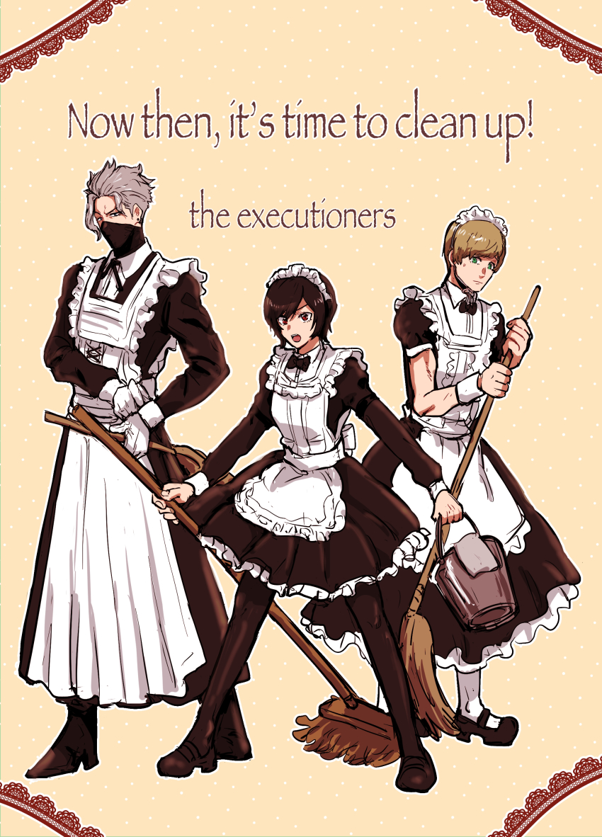 :o, absurdres, akudama_drive, alternate_costume, apron, black_dress, black_footwear, black_hair, black_pantyhose, boots, broom, brown_hair, bucket, disciple_(akudama_drive), dress, earrings, english_text, enmaided, execution_division_apprentice, gloves, green_eyes, grey_hair, highres, jewelry, kamemororo, long_sleeves, maid, maid_apron, maid_headdress, mask, master_(akudama_drive), mop, mouth_mask, pantyhose, red_eyes, short_hair, short_sleeves, socks, stud_earrings, white_gloves, white_socks, wrist_cuffs, yellow_background