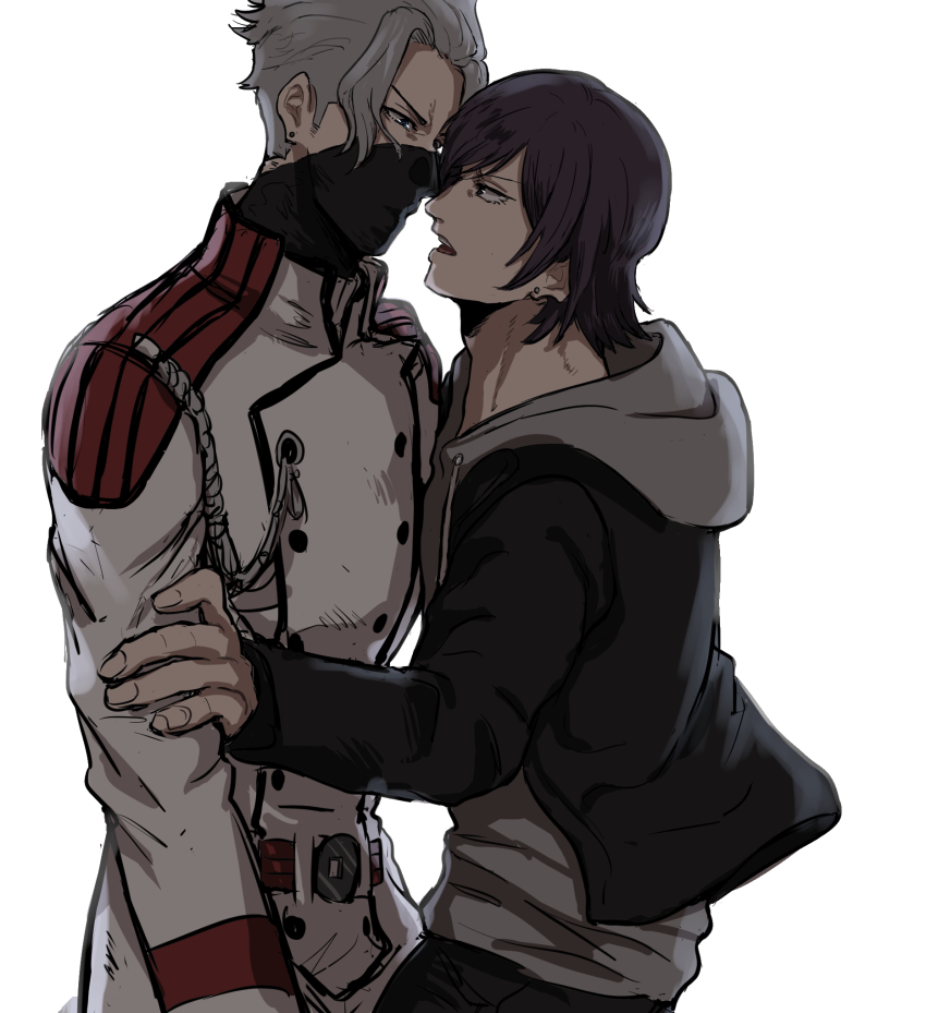 2boys, akudama_drive, brown_hair, courier_(akudama_drive), earrings, eye_contact, grey_hair, highres