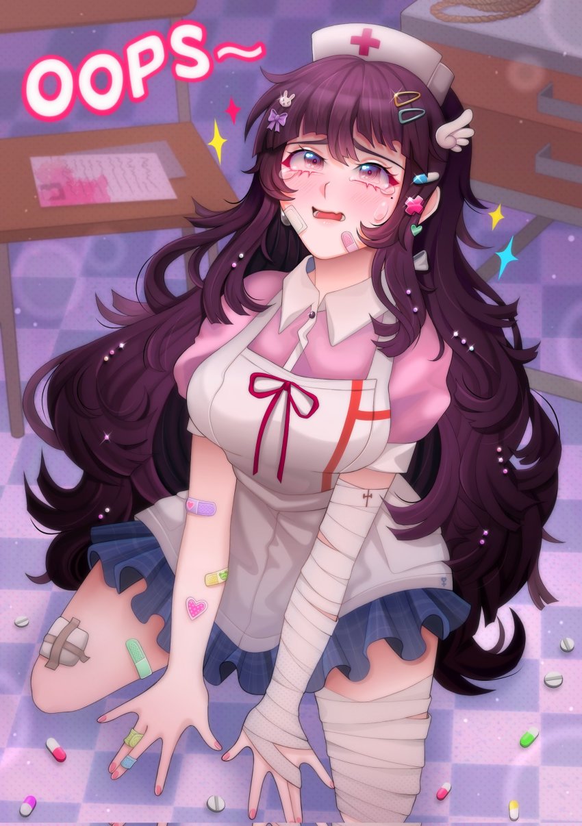 1girl, apron, bandaged_arm, bandaged_leg, bandages, bandaid, bandaid_on_face, blue_skirt