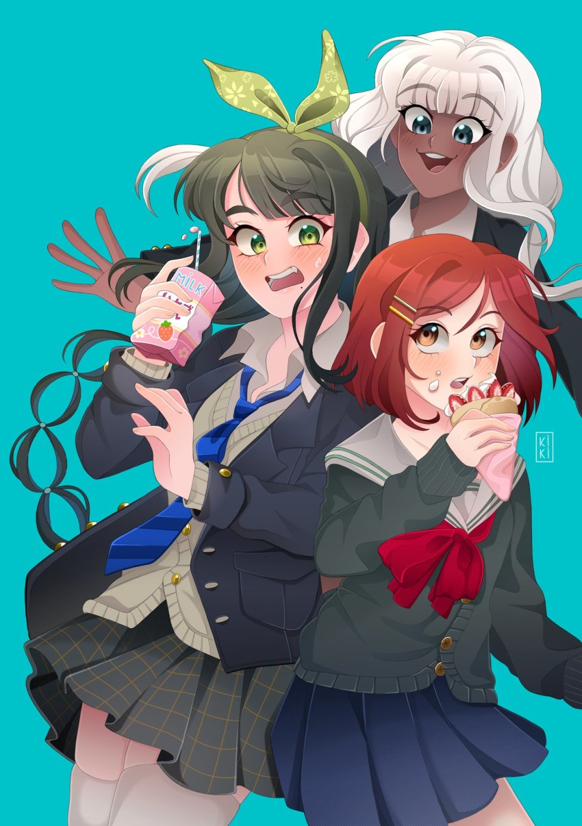 3girls, :d, aqua_background, black_jacket, blue_necktie, blue_skirt, blush, bow